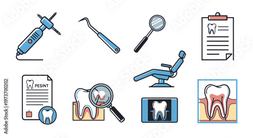 Dental Care Tools and Patient Information Icons for Healthcare and Dentistry