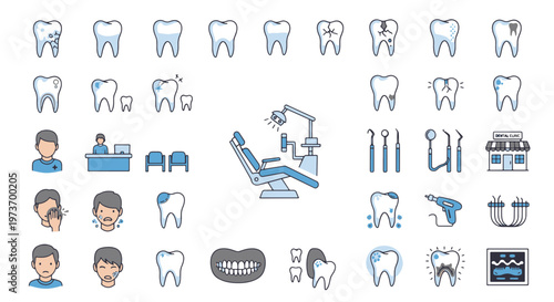 Dental Care Icons and Illustrations Featuring Teeth and Clinic Elements
