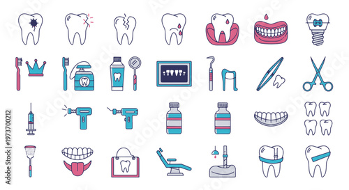 Dental Care Icons Set Featuring Teeth and Tools Illustration