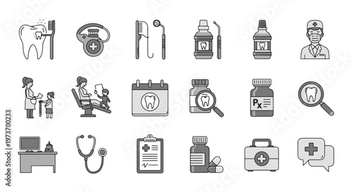 Dental Care Icons Set with Toothbrush and Dentist Illustration