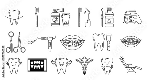 Dental Health and Tools Collection Outline Icon Set on Transparent Background
