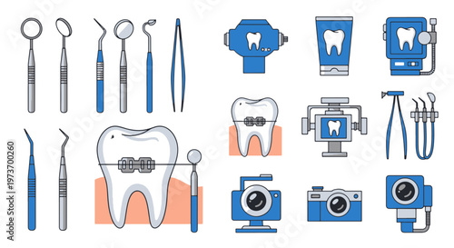 Dental Equipment Collection Including Instruments Toothbrush and Camera Icons