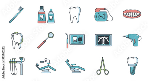 Dental Health Icon Set Featuring Toothbrush Paste Tooth and Medical Equipment