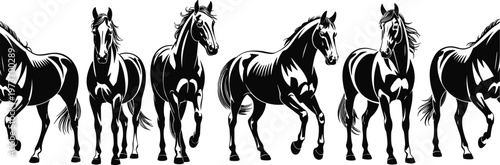 Detailed black horse silhouettes set with realistic walking and standing poses, equestrian stallion collection, cad drawing flat vector illustration, farm animal nature