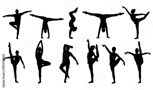 Gymnastics and acrobat silhouettes vector set with athletes performing dynamic balance and flexibility poses