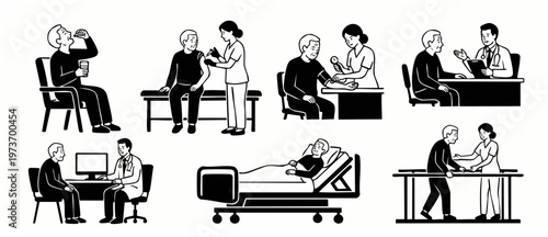 Senior Healthcare Icons Set, Medical Treatment and Consultation Vector Illustrations, Elderly Patient Care, Doctor Visit, Vaccination, Physical Therapy and Hospital Recovery Scenes in Simple Black and