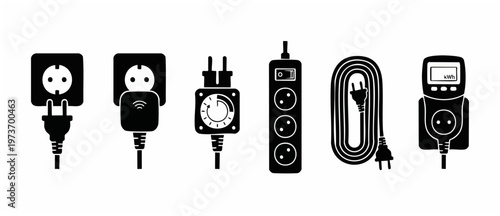 Electric power plugs and sockets icon set, energy consumption devices, smart home automation equipment and electrical power strips, black flat vector illustration isolated on white background for web