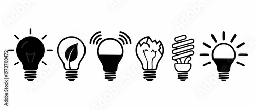 Light bulb icons set, modern lighting technology symbols, energy efficiency and smart home automation concepts for sustainable power solutions, creative electricity ideas, minimalist black line graphi