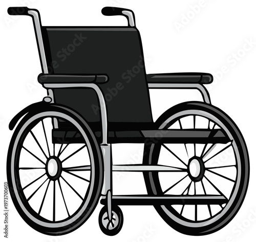 A classic black wheelchair on a white background, symbolizing mobility and accessibility