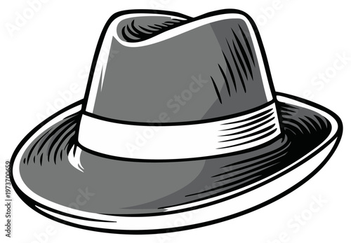 Classic Gray Fedora Hat with White Band Stylized Illustration