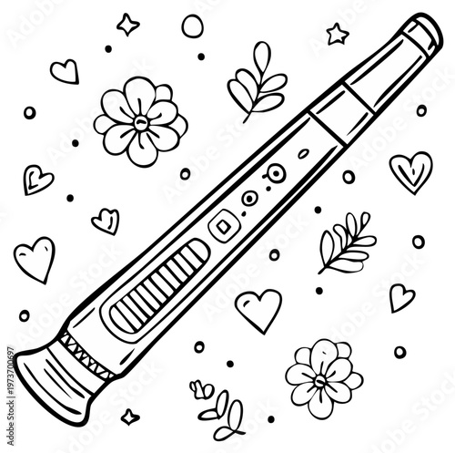 Pregnancy test kit with heart, flower and star doodles illustrating fertility and anticipation of parenthood, isolated on white