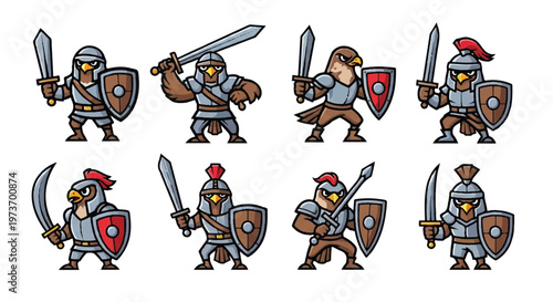 Cartoon avian warriors with swords and shields vector illustration