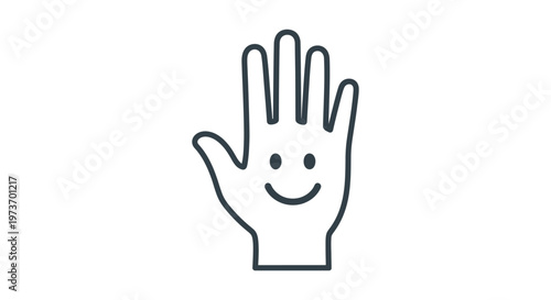 minimalist line art illustration of a friendly hand with a cheerful smiley face symbolizing positive emotion and connection