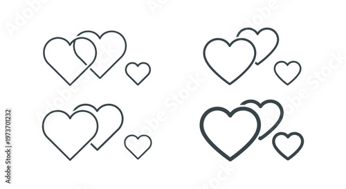 heart icons love symbols and graphic elements in diverse outline styles for relationship concepts and romantic themes.