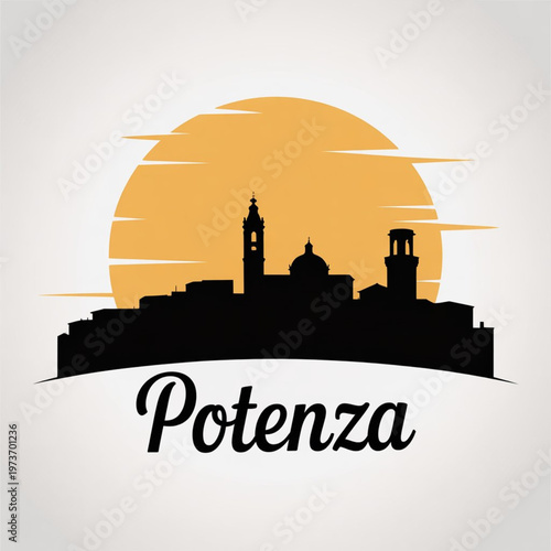 Potenza Italy Skyline Silhouette — San Gerardo Cathedral, Torre Guevara and Mountain Cityscape Vector Illustration