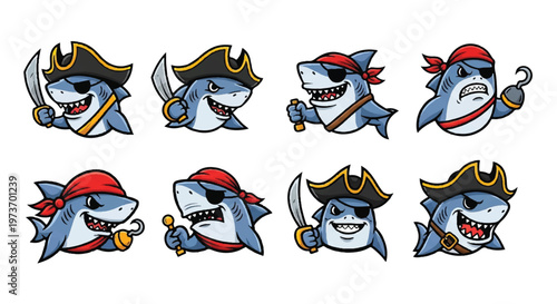 Cartoon sharks in pirate costumes collection vector illustrations