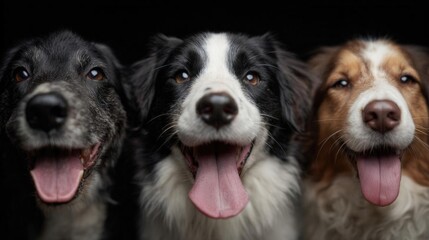 Close-up portrait of three dogs. the dog on the left is black, the middle dog is white, and the dog in the middle is brown and white.