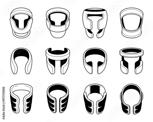 Collection of various neck protectors and cervical collars for sports and medical use