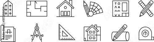 Set of Twelve Black Line Architecture and Construction Icons Featuring House Floor Plans Drafting Tools Blueprints and Engineering Symbols for Home Building Design Projects