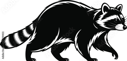 Raccoon side view silhouette vector, black and white wildlife animal icon, masked forest scavenger illustration isolated on white background, nature logo design.