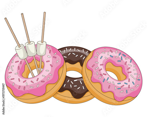 Colorful donuts with marshmallows and sprinkles on white background