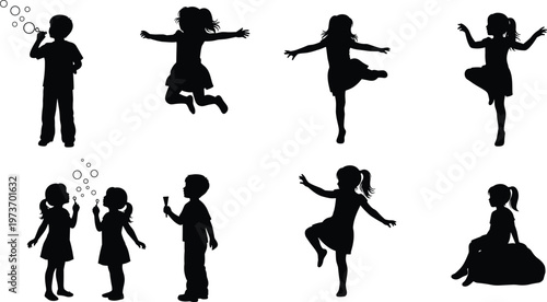 Children Silhouette Icon Set Featuring Playful Poses, Dancing, and Bubbles for Kids, Family, and Fun Design Projects