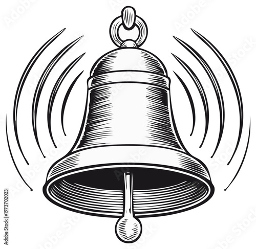 Ringing Bell Illustration with Sound Waves Drawn in Engraving Style