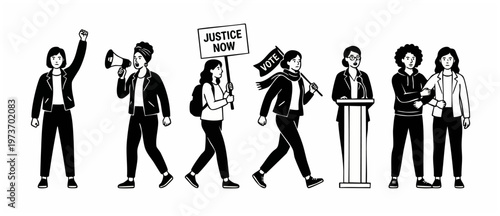 People Protesting Demonstration Activism Vector Set with People holding signs, megaphone, voting flag and speaking at a podium, monochrome black and white line art style illustration for political act