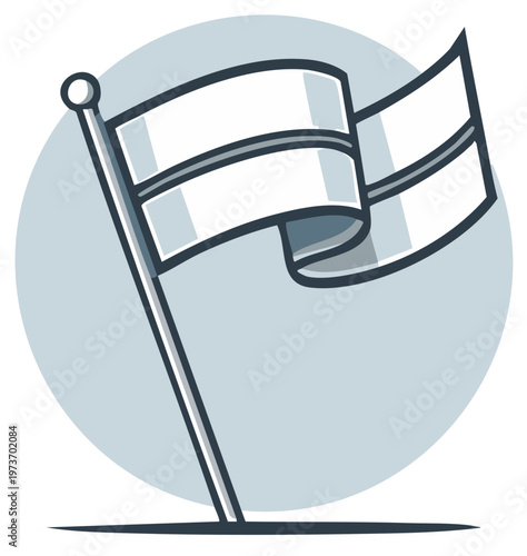 White flag blowing softly in breeze against simple light blue circle backdrop offering truce or negotiation