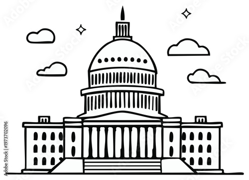 Black and white illustration of a governmental building with dome and clouds