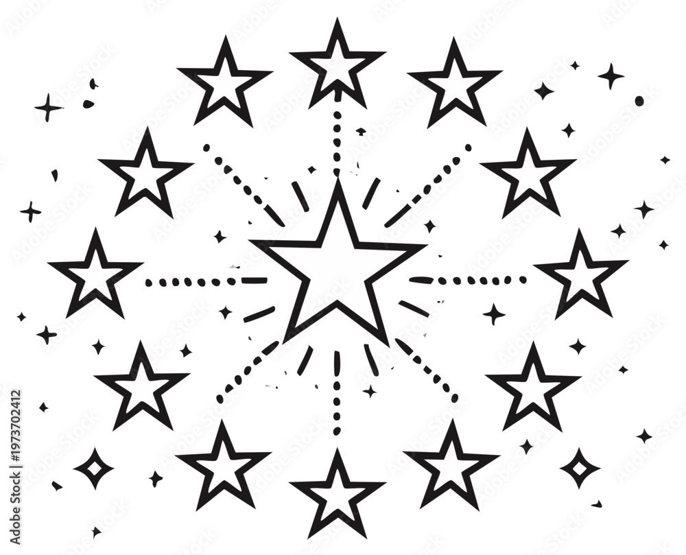 Obraz premium Starburst of Outlined Stars with Pointed Rays Illustration in Graphic Style