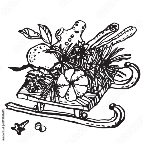 Tangerines, a gingerbread man, pine branch on sled