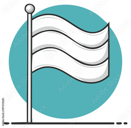 Stylized white flag waving on a pole against a teal circle backdrop simple clean illustration