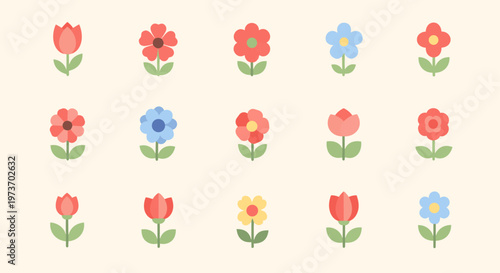 Collection of colorful flowers illustrated botanical petals.