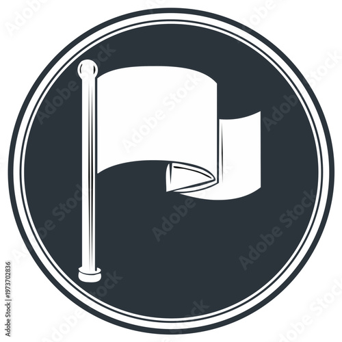 Clean white flag on a dark circular background with a textured border