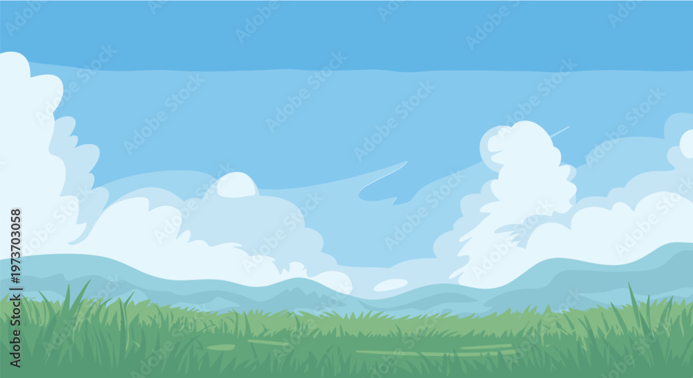 Fototapeta premium Green field with white clouds and blue sky background grass