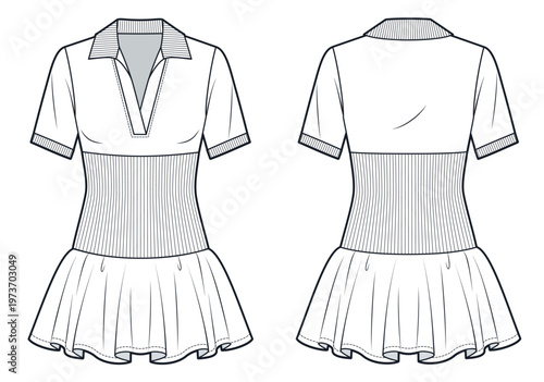 Women Polo Tennis Golf Sport Mini Dress Fashion Flat Technical Drawing Featuring Short Sleeves Rib Waist Flared Skirt and Front Back Views