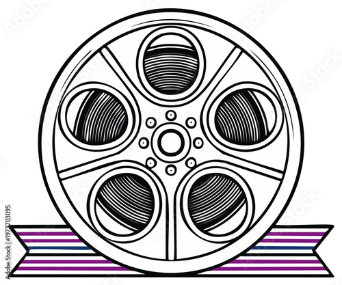 Retro film reel illustration with ribbon banner concept for cinematic, entertainment, and movie-related designs.