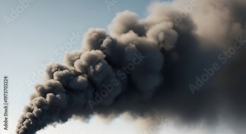 Thick Dark Smoke Cloud Billowing Against Clear Sky - Fire or Pollution Concept