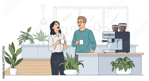 Colleagues Laughing at Modern Office Coffee Machine