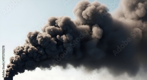 Thick dark smoke billows from industrial chimney against clear sky