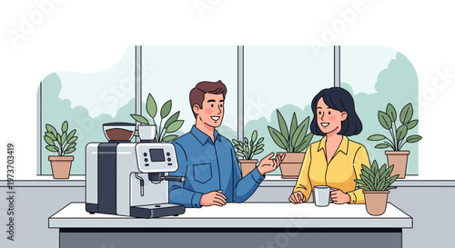 Colleagues Talking Near Modern Coffee Station