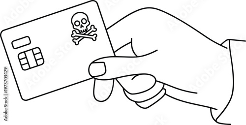 Hand holding credit card with skull symbol representing fraud risk identity theft and financial security threat concept illustration