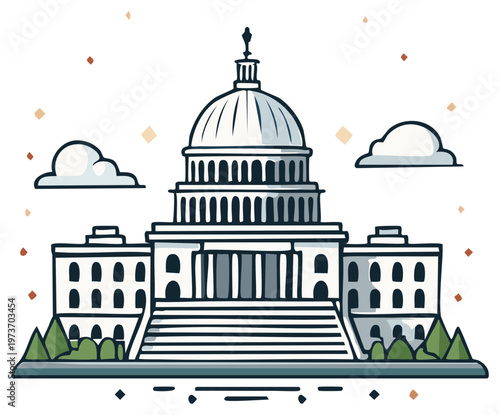 Stylized Depiction of Government Building with Dome and Stairs Surrounded by Clouds and Trees