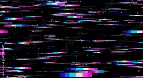 Digital Glitch Effect with Neon Colors on Black Background