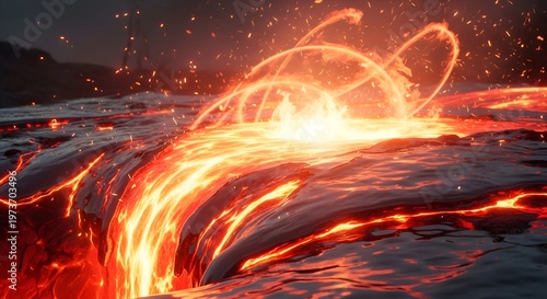 Molten Lava Erupting From Volcanic Fissure, Fiery Swirls, Hot Magma Flow
