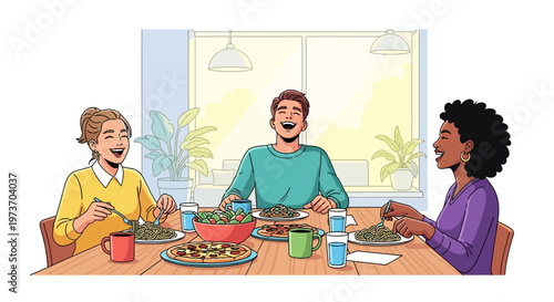 Three Coworkers Laughing at Communal Office Table