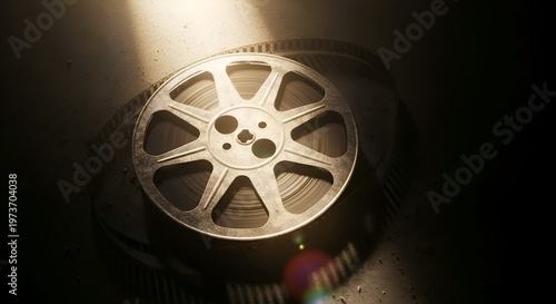 Vintage film reel with dramatic lighting and lens flare, cinematic nostalgia