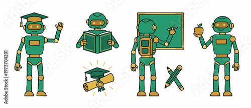 Robot Student Characters Set for Education and E-Learning Concepts, Academic Learning Icons with Graduation Cap, Books, Blackboard, and Diploma in Flat Vector Style for School and Technology Designs