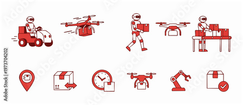 Robot delivery logistics icon set, automated shipping and drone warehouse technology collection for supply chain management, cargo transport and ecommerce fulfillment line art design in flat red color